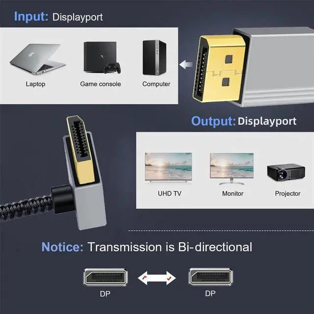 Alt view image 3 of 7 - AJMRTC 90 Degree Up Angled DisplayPort DP to DP Cable 1M, Silver Sleeve UltraHD UHD 4K@60Hz DP Video Cord for Desktop, Laptop, Monitor, Graphics Card, HighDefinition Display Connection Wire