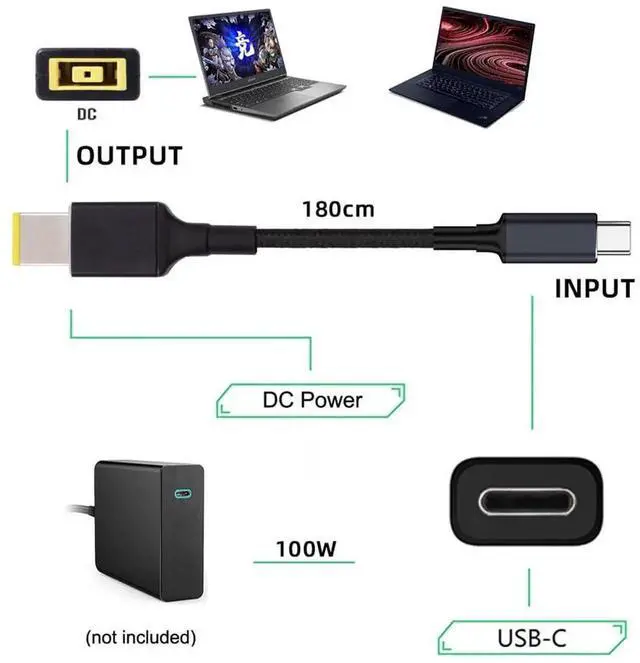 Alt view image 6 of 7 - AJMRTC 1.8M USBC 100W 20V PD Trigger Charging Cable, TypeC Input to Rectangular Square Jack 65W Output Power Cord, QC & PD Compatible for ThinkPad X1, Legion Y7000P Laptops, Replace Original Laptop