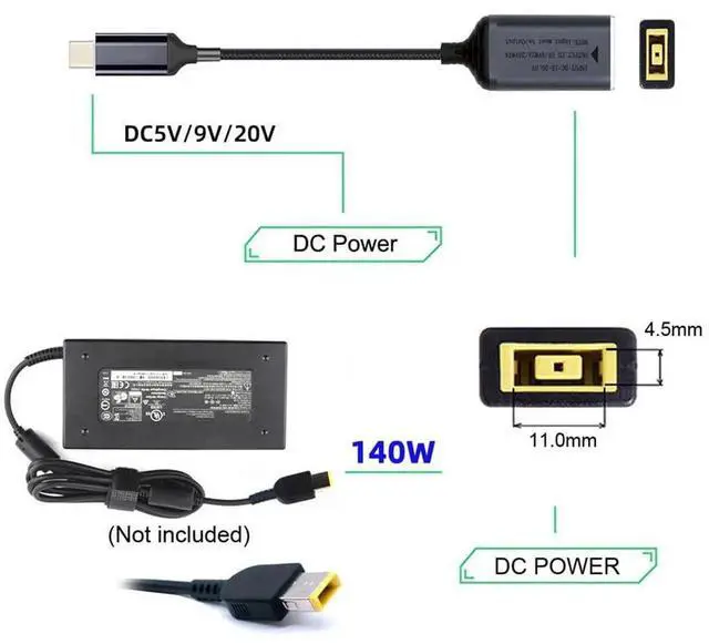 Alt view image 2 of 7 - AJMRTC 140W DC Rectangle Jack to USBC TypeC Charging Cable 18cm, PD 5V 9V 20V 7A Power Converter Cord for Lenovo ThinkPad X1 Series Laptops, Phones & USBC Powered Devices