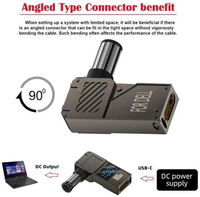 Alt view image 3 of 7 - AJMRTC USBC Female to DC 7.4x5.0mm Barrel Jack Adapter, 100W PD Fast Charging Converter with Wattage Display, TypeC PD Source to 7.4*5.0mm DC Plug for Dell Laptop Power Supply Replacement