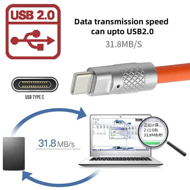 Alt view image 2 of 7 - AJMRTC 100CM Orange Liquid Silicone USBA to USBC Cable, UltraSoft 120W Super Fast Charging USB 2.0 Data Sync Cord for Laptop, Tablet, USBC Smartphones and Android Devices