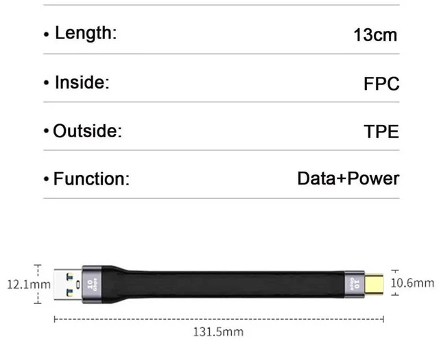 Alt view image 2 of 7 - AJMRTC Ultra Flat Slim FPC USB 3.1 Gen2 10Gbps TypeC Male Host to USB3.0 TypeA Male Data Cable, Flexible LowProfile Ribbon Cord for Laptop, Smartphone, Disk and NarrowSpace Internal Wiring