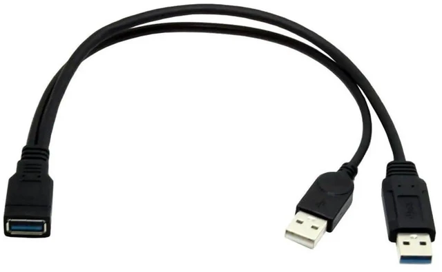Main image of AJMRTC Black USB 3.0 Female to Dual USB Male YSplitter Extension Cable, Extra Power Supplement Data Y Cord for 2.5Inch Portable External Mobile Hard Disk, Solve Insufficient USB Power Supply Issue