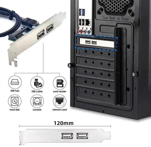 Alt view image 2 of 7 - AJMRTC Internal Dual USB 2.0 Female Panel Mount Baffle Cable, Motherboard 9Pin Header Expansion with Extra SATA Power, 12cm PCI Bracket for Desktop PC Case Rear Chassis USB Port Extension