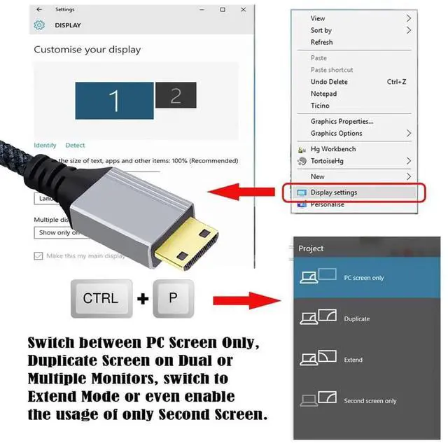 Alt view image 5 of 7 - AJMRTC HDMI 2.0 Male to Mini HDMI & TypeC Male Cable 4K@60Hz Straight Connector with Sleeve, 100CM MultiFunctional Video Cord for HDTV, Computer, Laptop, Monitor Projector Display