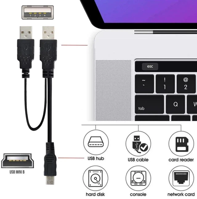 Alt view image 2 of 7 - AJMRTC Dual TypeA USB 2.0 Male YCable 60cm,Two USBA Male to Mini & Micro 5Pin Male Extra Power Data Cord for External Disk Drive,SSD Enclosure,Digital Camera,MP4 Player and Mini/Micro USB Peripher