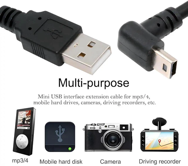 Alt view image 2 of 7 - AJMRTC Mini USB 2.0 TypeB 5Pin Male DownAngled 90 Degree to USB 2.0 TypeA Male Cable 150cm, 480Mbps Power Data Sync Cord for Digital Camera, GPS Navigator, MP3, MP4 and Legacy MiniUSBB Devices