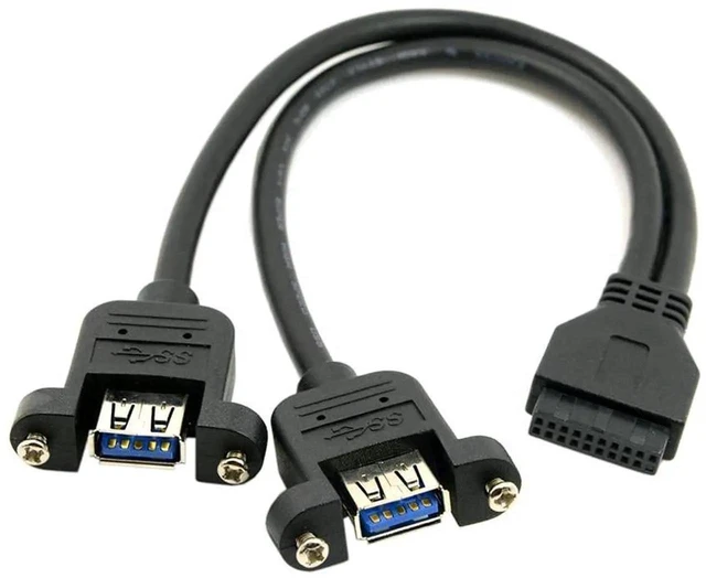 Main image of AJMRTC USB 3.0 DualPort TypeA Female Screw PanelMount Cable, 20Pin IDC Motherboard Header Internal PC Extension Cord Black for Chassis FrontPanel USB Port Expansion & Desktop DIY Modification