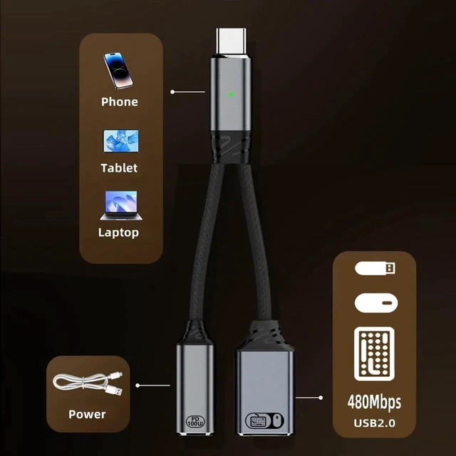 Alt view image 7 of 7 - AJMRTC USBC to USB2.0 TypeA OTG Cable with 100W PD Power Delivery, 480Mbps Data Sync Cord for USBC Laptops, Tablets, Smartphones, Connect Flash Drives, Mouse, Keyboard and USBA Peripherals