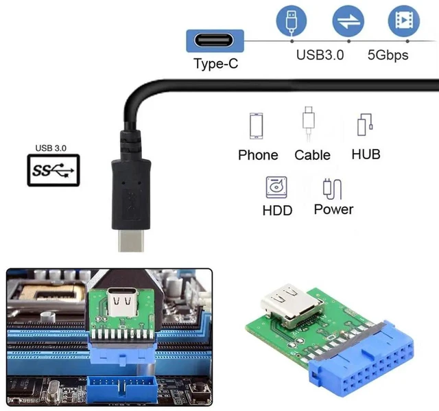 Alt view image 5 of 7 - AJMRTC USBC Female to USB 3.0 Motherboard 19Pin 20Pin Header Adapter PCBA, 5Gbps USB3.1 Gen1 Internal Front Panel Converter for Desktop PC Motherboard Internal USB 3.0 Header Port Expansion