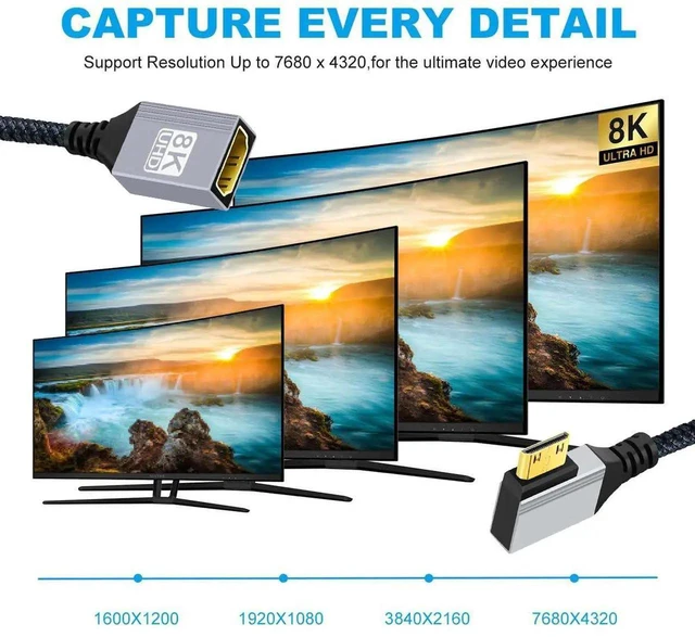 Alt view image 7 of 7 - AJMRTC 8K HDMI 2.1 90Degree LeftAngled Mini HDMI (TypeC) Male to Standard HDMI Female Extension Cable, 48Gbps Ultra HighSpeed Cord for DV Camera, Camcorder, Laptop, Portable Monitor & HDTV