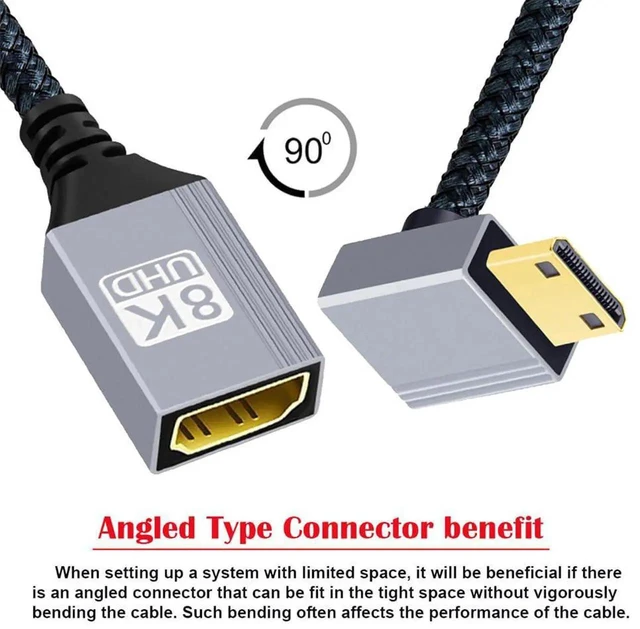 Alt view image 6 of 7 - AJMRTC 8K Mini HDMI 2.1 Male 90 Degree Down Angled to HDMI Female Extension Cable,48Gbps 8K@60Hz 4K@120Hz HDR HDCP2.3,for DV Camera DSLR Camcorder Laptop Portable Monitor HDTV Projector
