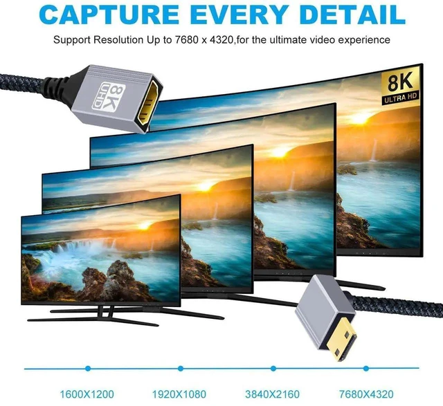 Alt view image 7 of 7 - AJMRTC 8K Mini HDMI 2.1 Male 90 Degree Down Angled to HDMI Female Extension Cable,48Gbps 8K@60Hz 4K@120Hz HDR HDCP2.3,for DV Camera DSLR Camcorder Laptop Portable Monitor HDTV Projector