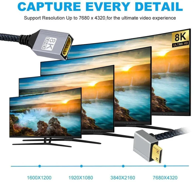 Alt view image 7 of 7 - AJMRTC 8K MiniHDMI 2.1 Male 90 Degree Up Angled to HDMI Female Extension Cable, 48Gbps 8K@60Hz 4K@120Hz HDR HDCP2.3, for DV Camera DSLR Camcorder Laptop Portable Monitor HDTV Projector