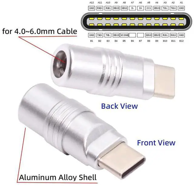 Alt view image 7 of 7 - AJMRTC USB 3.1 TypeC Male SolderType Plug Connector, Silver Aluminum Alloy Housing DIY Repair Replacement Connector for 4.0mm6.0mm Diameter Cable, DIY Cable Assembly Custom Repair Parts