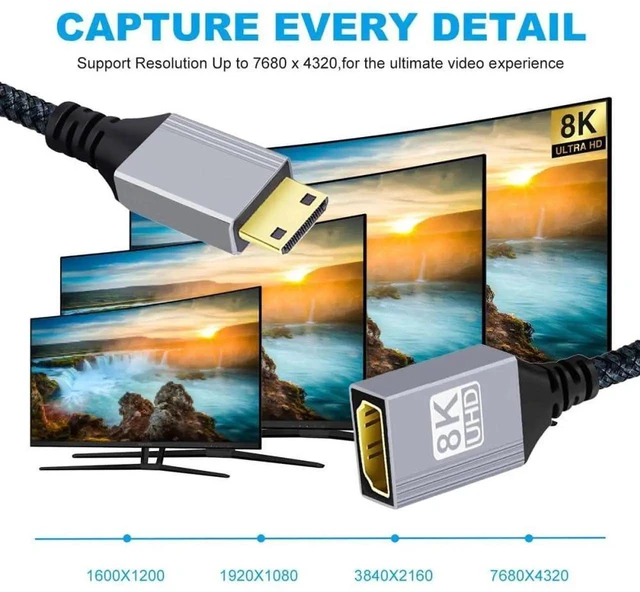 Alt view image 5 of 7 - AJMRTC 8K MiniHDMI 2.1 Male to HDMI Female Extension HDTV Cable, 48Gbps 8K@60Hz 4K@120Hz Dynamic HDR eARC HDCP2.3 Adapter Cord for DV Camera DSLR Camcorder Laptop Portable Monitor Projector