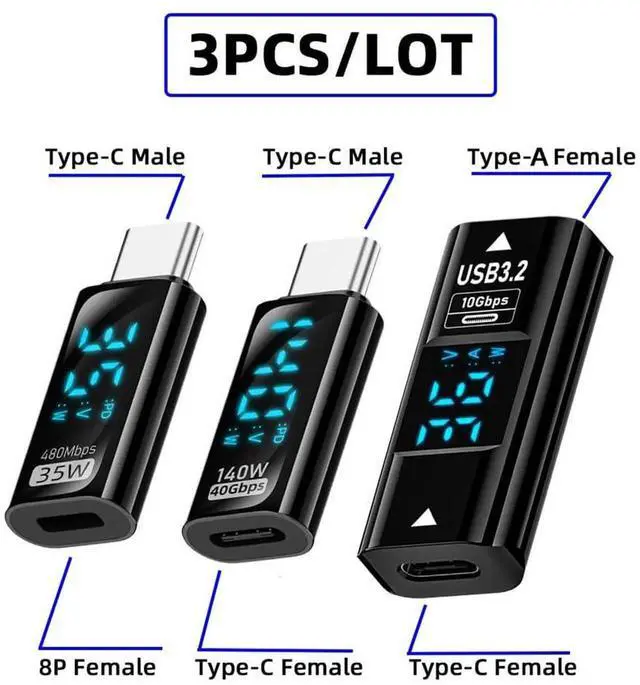 Alt view image 2 of 7 - AJMRTC 3Pack 10Gbps USBC Female to USB TypeA 8P Adapter with Smart LED Display, RealTime Voltage Current Power Monitoring Tester Detector for Fast Charging Data Sync Phone Tablet Laptop