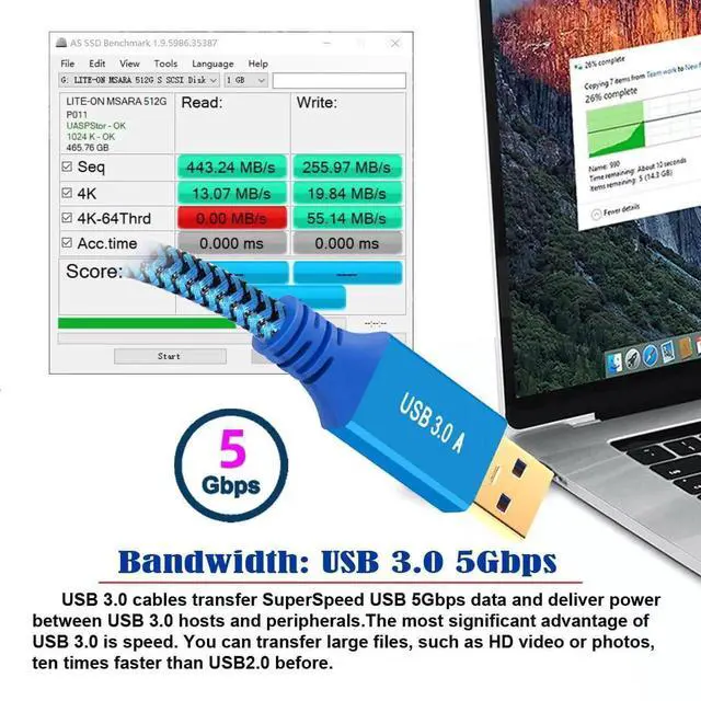 Alt view image 3 of 7 - AJMRTC 5Gbps USB 3.0 TypeA Male to TypeA Male Extension Cable 60cm Blue, HighSpeed Data Transfer Cord for U Disk, SSD Solid State Drive, Camera, USBA Peripheral Data Connection