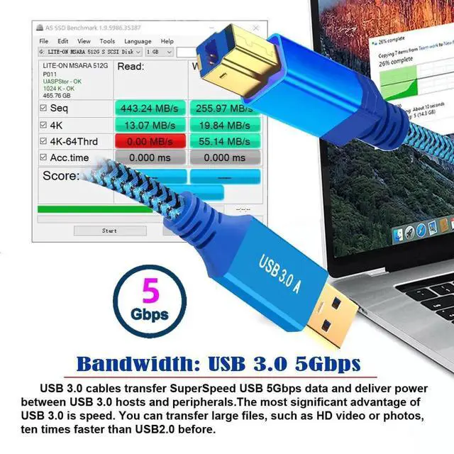 Alt view image 2 of 7 - AJMRTC 5Gbps USB 3.0 TypeA Male to TypeB Male Extension Cable 60cm Blue, HighSpeed Data Transfer Cord for External Disk, SSD SolidState Drive, Camera, Printer USBB Peripherals