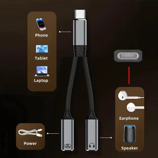 Alt view image 6 of 7 - AJMRTC USBC Cable with 100W PD Power Charging + 8P Female DAC AUX Audio Output, 16bit 48kHz HiFi Music Transmission Cord for Laptop, Tablet, Smartphone TypeC AudioSupported Devices