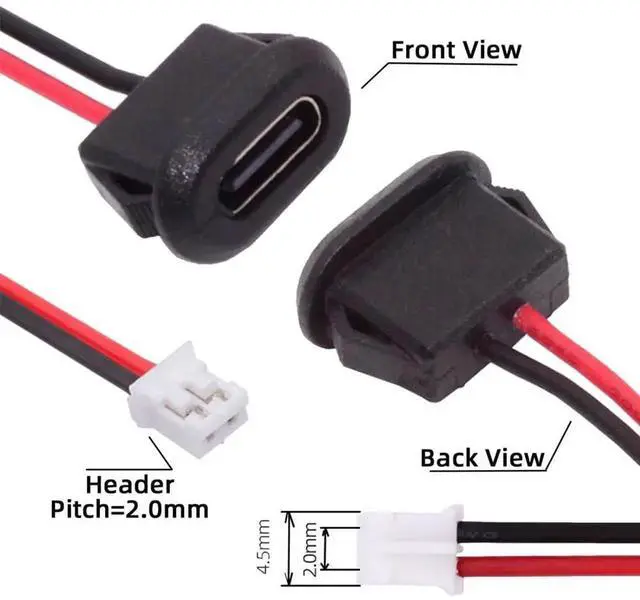 Alt view image 2 of 7 - AJMRTC 5Pcs Set DIY OEM TypeC Female Socket to 2Pin Header Cable, 2.0mm Pitch Latch Mount Type USBC Receptacle Wire Harness, DC 5V Power Supply Cable for Electronic Project DIY Repair Modification