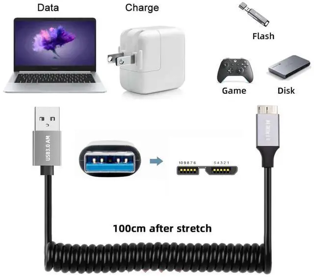 Alt view image 7 of 7 - AJMRTC 5Gbps USB 3.0 TypeA Male to MicroUSB3.0 Male OTG Stretch Coiled Extension Cable, Retractable Spring Cord 100cm for Hard Disk, Phone, Camera HighSpeed Data Sync & Transfer
