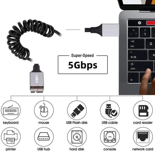 Alt view image 6 of 7 - AJMRTC 5Gbps USB 3.0 TypeA Male to MicroUSB3.0 Male OTG Stretch Coiled Extension Cable, Retractable Spring Cord 100cm for Hard Disk, Phone, Camera HighSpeed Data Sync & Transfer