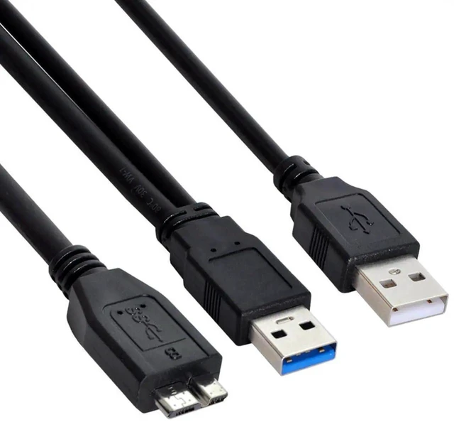 Main image of AJMRTC Dual TypeA USB3.0 Male to MicroUSB3.0 Male Extra Power Data Cable, 60cm HighSpeed 5Gbps Cord for External Disk Drive, SSD, Camera, MP4, DualUSBA Plug for Supplemental Power Supply