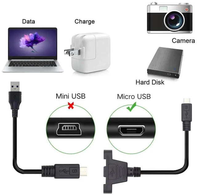 Alt view image 7 of 7 - AJMRTC 50cm Micro USB 5Pin Male to Female Panel Mount Extension Cable with Screw Holes, PanelMount Micro USB 2.0 Cord for Cabinet Case Fixed Installation Data & Power Extension