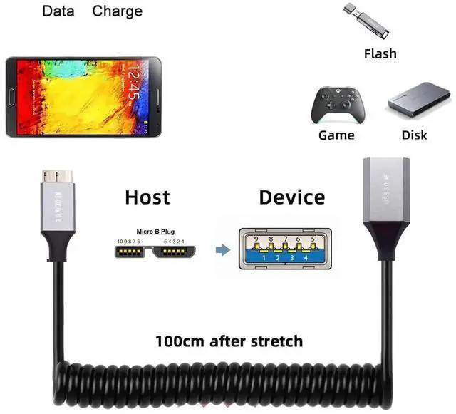 Alt view image 2 of 7 - AJMRTC 100cm Coiled Stretch OTG Cable 5Gbps MicroUSB3.0 Male Host to USB 3.0A Female Extension Cord for U Disk, Smartphone, Camera, Hard Drive, Data Transfer Sync Charging