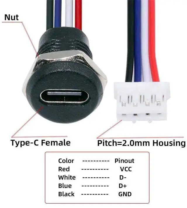 Alt view image 2 of 7 - AJMRTC 5Pcs/Set DIY OEM TypeC Female Socket to 4Pin Header Cable, 2.0mm Pitch Panel Mount TypeC Receptacle to 4Pin Header Wire for DC 5V Power and Data Transmission DIY Project