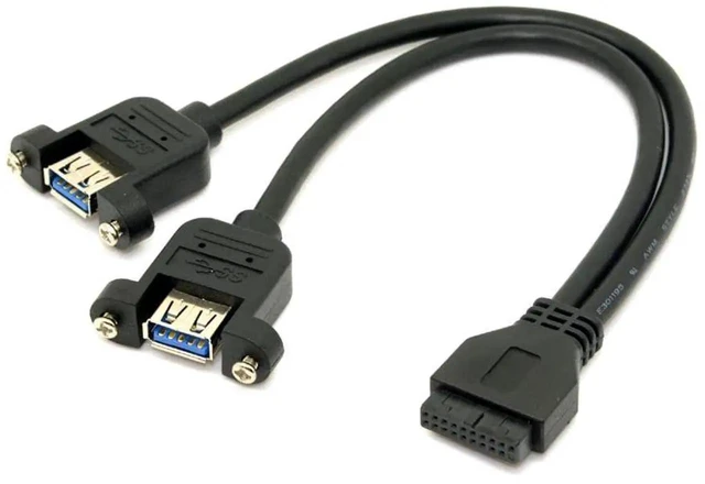 Alt view image 2 of 6 - AJMRTC Black USB 3.0 DualPort TypeA Female ScrewMount PanelMount Cable, 20Pin Motherboard Internal Header Extension Cord for Desktop PC Chassis FrontPanel USB Port Expansion