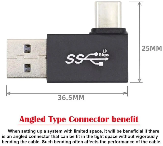 Alt view image 2 of 7 - AJMRTC 90 Degree LeftAngled USB3.0 TypeA Male to USB 3.1 TypeC Male Cable, USB 3.2 Gen2 10Gbps HighSpeed Data & Charging Cord for Laptop, Smartphone, USBC SSD and Portable USBC Peripherals