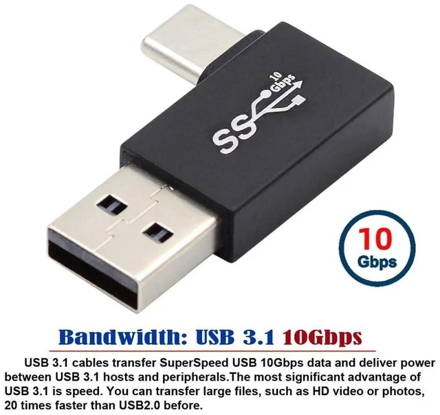 Alt view image 7 of 7 - AJMRTC 90 Degree LeftAngled USB3.0 TypeA Male to USB 3.1 TypeC Male Cable, USB 3.2 Gen2 10Gbps HighSpeed Data & Charging Cord for Laptop, Smartphone, USBC SSD and Portable USBC Peripherals