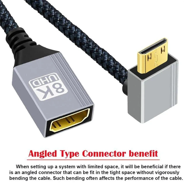 Alt view image 2 of 3 - AJMRTC 90Degree UpAngled MiniHDMI 2.1 Male to HDMI Female Extension Cable, 8K 60Hz 48Gbps HighSpeed AV Cord for DV Cameras, Laptops, Portable Monitors, HDTV, SpaceSaving RightAngle Mini HDMI