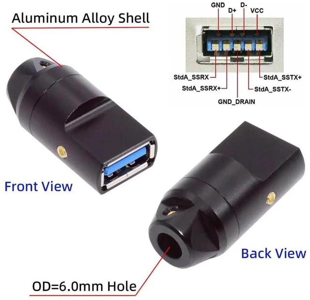 Alt view image 3 of 7 - AJMRTC USB 3.0 TypeA Female SolderType Receptacle Socket, 5Gbps DIY OEM Connector with Aluminum Alloy Shell, Custom Fit for 6.0mm Outer Diameter Cable for Electronic Modification Project