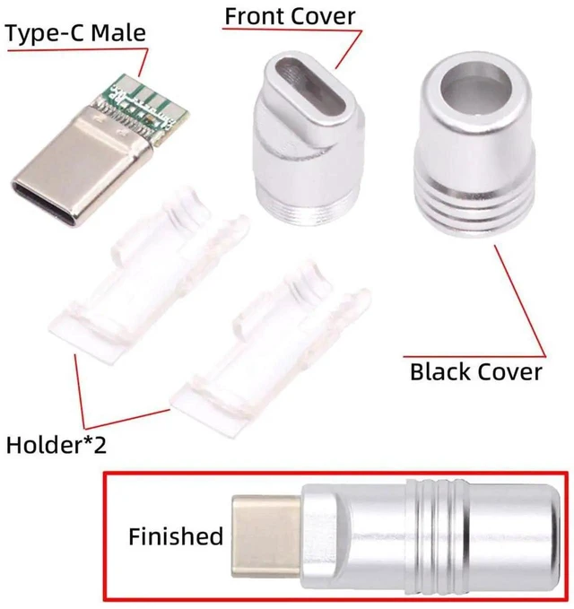 Alt view image 2 of 7 - AJMRTC USB3.1 TypeC Male SolderType DIY Connector, 5Gbps Silver Aluminum Alloy Shield Shell, CustomMade Plug Fits 4.06.0mm OuterDiameter Cable for Cable Repair OEM Electronic Project