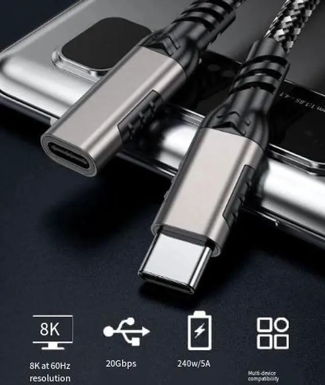 Alt view image 3 of 3 - AJMRTC 1M USBC Male to Female Extension Cable, USB 3.2 Gen 2x2 20Gbps HighSpeed Braided Cord, Supports 8K Video Output, Data Sync & PD Charging for USBC Laptops, Docks, External SSD Peripherals