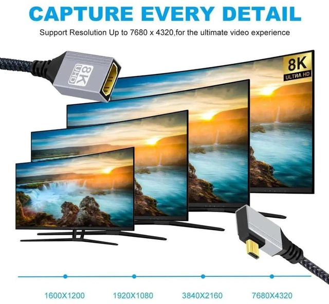 Alt view image 2 of 7 - AJMRTC 90 Degree RightAngled Micro HDMI TypeD Male to HDMI Female Extension Cable, HDMI 2.1 8K@60Hz UHD HDTV Cord for DV Camera, Laptop, Portable Monitor