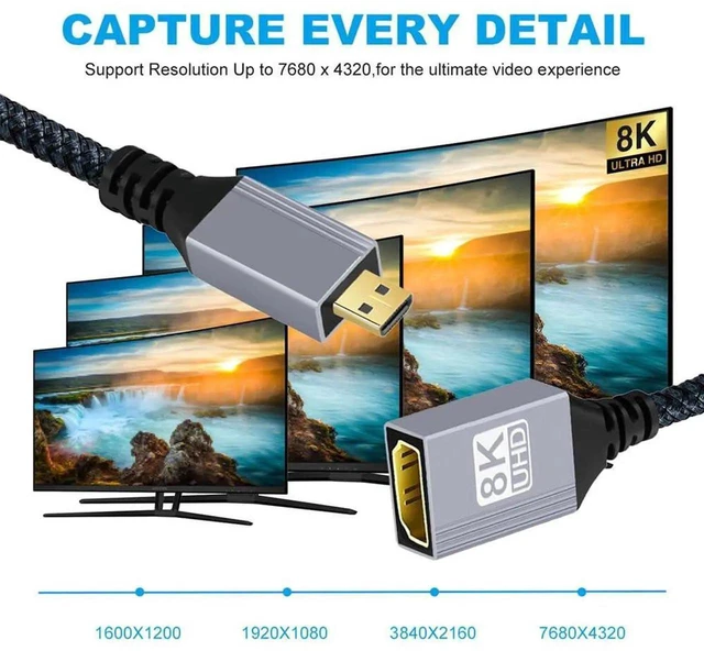 Alt view image 3 of 7 - AJMRTC 8K Micro HDMI TypeD Male to HDMI Female Extension Cable, HDMI 2.1 48Gbps UHD HDTV Cord for DV Camera, Laptop, Portable Monitor, Camcorder