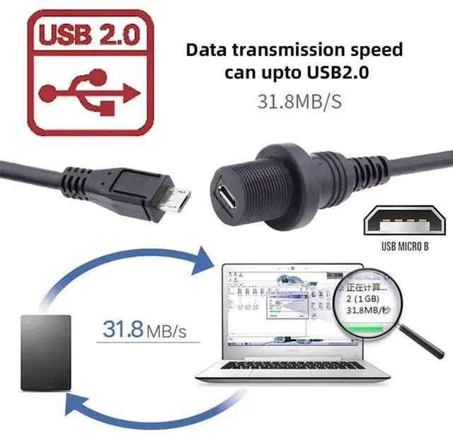 Alt view image 6 of 7 - AJMRTC 1M Waterproof Dustproof Micro USB 2.0 5Pin Male to Female Extension Cable, 480Mbps Data & Power Panel Mount Cord for Car Dashboard, Motorcycle, Outdoor DIY Projects