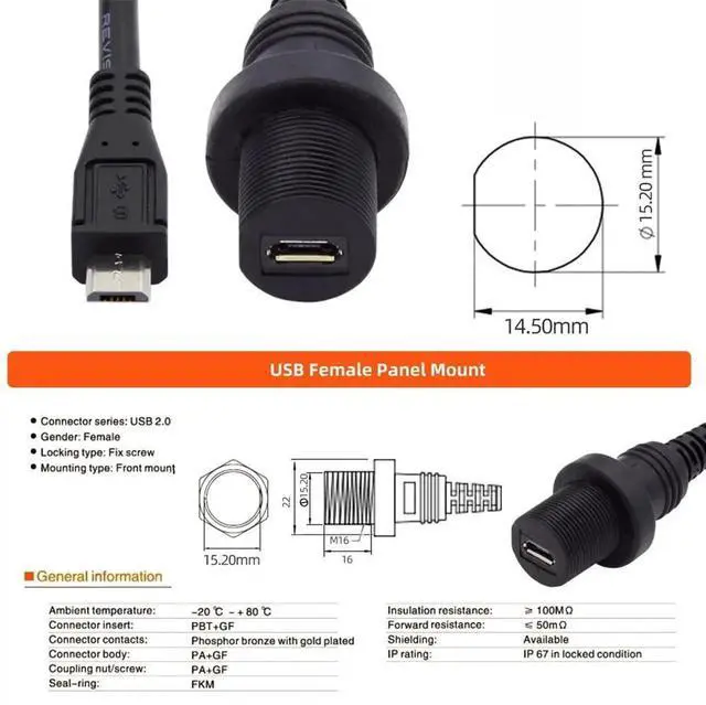 Alt view image 4 of 7 - AJMRTC 1M Waterproof Dustproof Micro USB 2.0 5Pin Male to Female Extension Cable, 480Mbps Data & Power Panel Mount Cord for Car Dashboard, Motorcycle, Outdoor DIY Projects