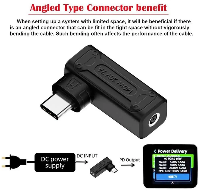 Alt view image 5 of 7 - AJMRTC 90Degree Angled DC Jack 4.5x3.0mm Input to USBC TypeC Power Plug Adapter, 140W 100W PD Fast Charging Converter for USBC Laptops, Smartphones