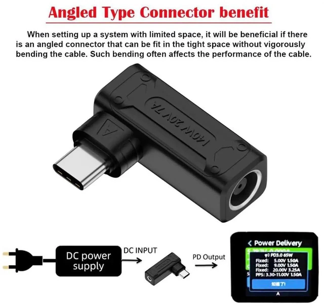 Alt view image 6 of 7 - AJMRTC 90Degree Angled DC Jack 7.9x5.4mm Input to USBC TypeC Power Plug Adapter, 140W 100W PD Fast Charging Converter for USBC Laptops, Tablets, Smartphones