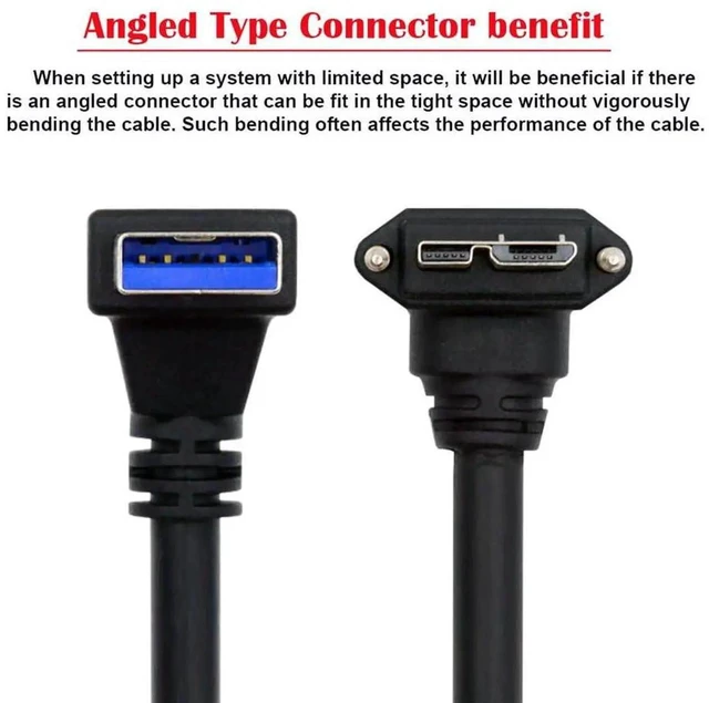 Alt view image 2 of 7 - AJMRTC 25cm Industrial USB3.0 Cable, Dual 90Degree DownAngled USBA Male to MicroB 3.0 Male with M2 Locking Screws, PanelMount 5Gbps SuperSpeed Data Cord for USB3 Vision Industrial Cameras,