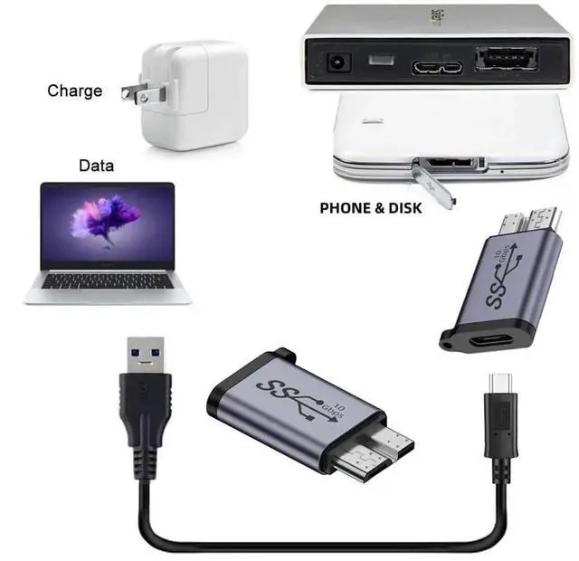 Alt view image 2 of 7 - AJMRTC 10Gbps USB3.2 Gen2 TypeC Female to USB 3.0 MicroB Male Data Power Adapter, High Speed Converter for Laptop, External SSD, Hard Drive Disk and USB MicroB Peripherals