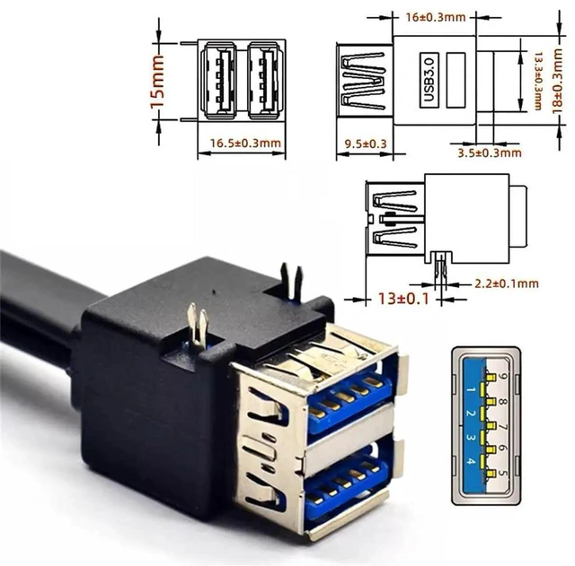 Alt view image 3 of 7 - AJMRTC Stackable DualPort USB3.0 TypeA Female DIPType Cable 50CM, with Fixed Mount Feet, to Motherboard 19Pin 20Pin Internal Header Cord for DIY PC Case FrontPanel USB Port Expansion