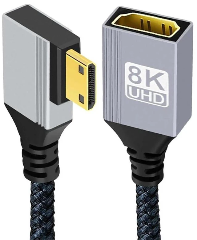 Main image of AJMRTC 90Degree RightAngle MiniHDMI 2.1 Male to Standard HDMI Female Extension Cable, 8K@60Hz 48Gbps HighSpeed HDTV Cord for DV Cameras, Camcorders, Laptops, Tablets and Portable Monitors