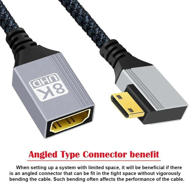 Alt view image 2 of 3 - AJMRTC 90Degree RightAngle MiniHDMI 2.1 Male to Standard HDMI Female Extension Cable, 8K@60Hz 48Gbps HighSpeed HDTV Cord for DV Cameras, Camcorders, Laptops, Tablets and Portable Monitors