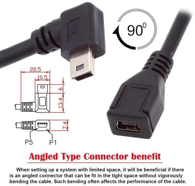 Alt view image 3 of 7 - AJMRTC 90Degree RightAngle Mini USB 5Pin Male to Female Extension Cable 30CM, USB2.0 Data & Power Charging Cord for GPS Navigator, Digital Camera, Dash Cam and Legacy MiniUSB Devices